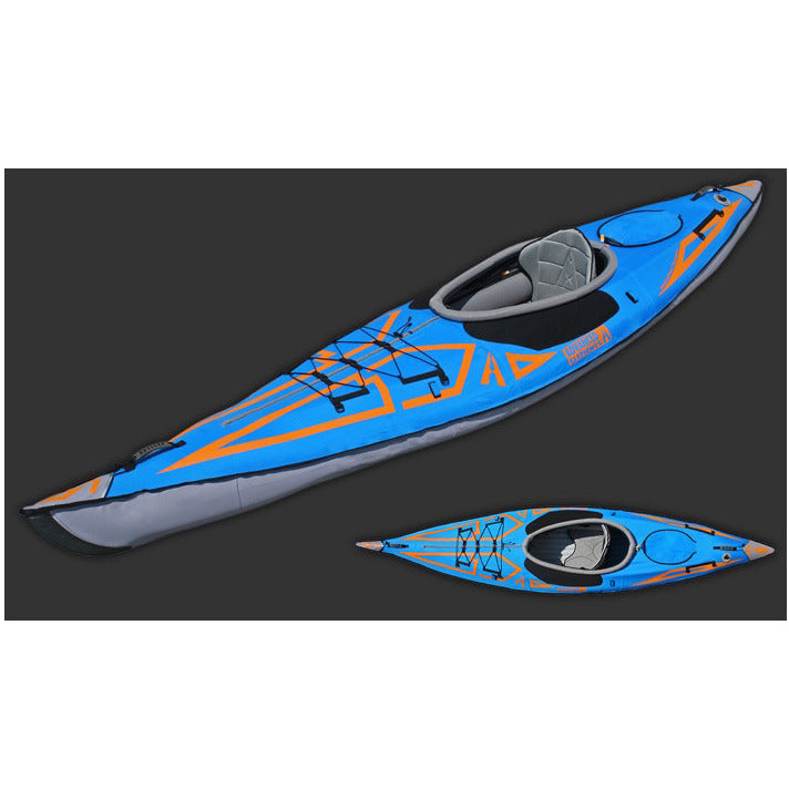 Display view and top view of the Blue and Orange Advanced Elements AdvancedFrame Expedition Elite Solo Inflatable Kayak 