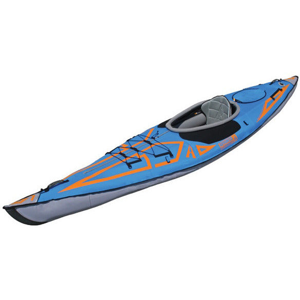 Advanced Elements AdvancedFrame Expedition Elite Solo Inflatable Kayak blue with orange highlights, grey side walls, and grey interior.  Image on white background. 