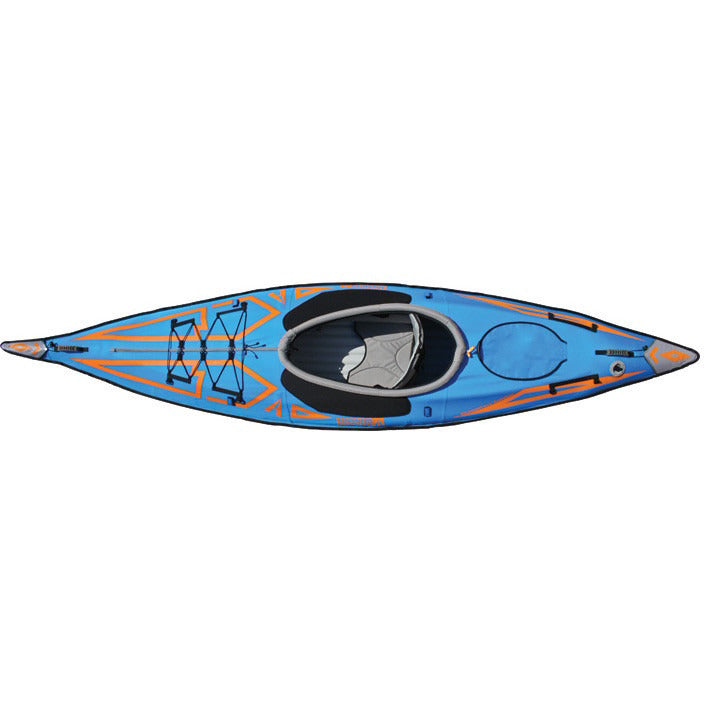 Top view of the Blue and Orange design of the Advanced Elements AdvancedFrame Expedition Elite Solo Inflatable Kayak