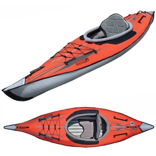 Advanced Elements Solo AdvancedFrame Inflatable Kayak top view and top/front view of the red inflatable kayak with grey interior, walls, and nose. 