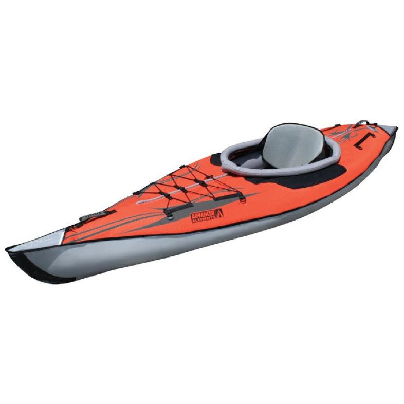Top and front display view of the red Advanced Elements Solo AdvancedFrame Inflatable Kayak with grey accents.  Image on white background. 