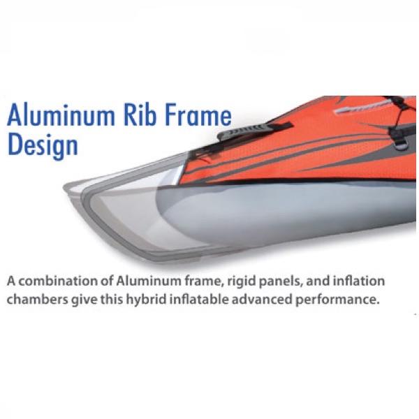 Advanced Elements 1 Person AdvancedFrame Sport Inflatable Kayak up close view of the Aluminum Rib Frame design with diagram and design details. 