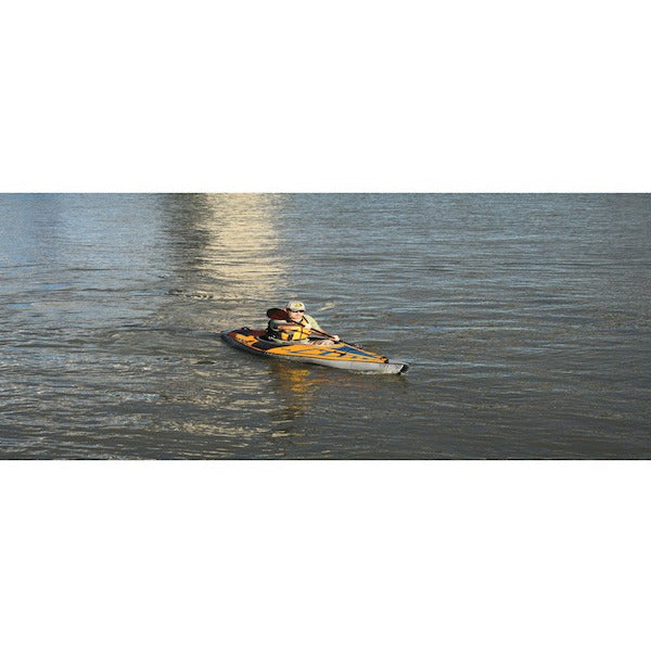 Kayaker in an Advanced Elements 1 Person AdvancedFrame Sport Inflatable Kayak out on the river. 