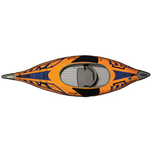 Skyview of the orange and blue with grey interior Advanced Elements 1 Person AdvancedFrame Sport Inflatable Kayak on a white background. 