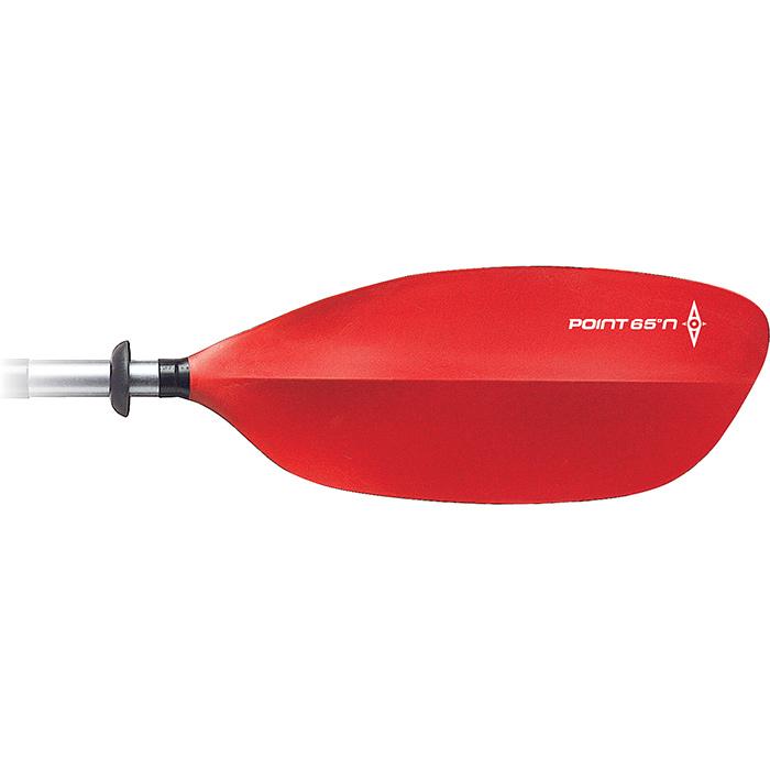 Point 65 Adventure Tourer Kayak Paddle. The blade is all red with the white Point 65°N logo. We can see the bottom of the paddle shaft and it is silver with a black oval ring.