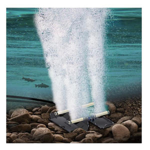 AirMax PondSeries Aeration System show in an illustration with the aeration diffuser on the floor of the pond.  The Pond Aerator Pump pushes air through the diffuser to keep your pond healthy and free of muck.