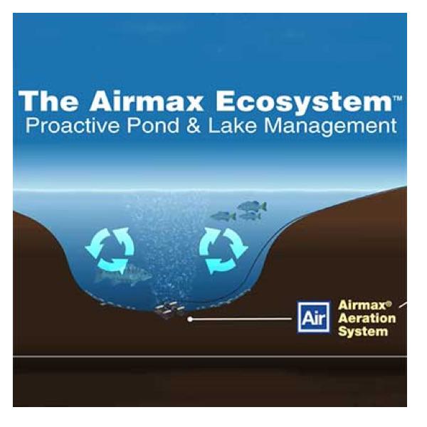 Airmax PondSeries Pond Aerator Pump Diagram.  Shows 2 Airmax PondSeries PS40 Aeration System Diffusers in place and circulating water with air.