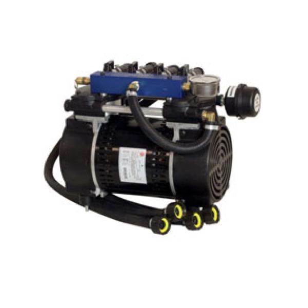 Airmax SilentAir Rocking Piston Compressor is pictured on a white background.  The black compressor has stainless steel valves with blue covers.