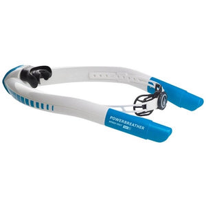 Ameo Powerbreather Sport view from the side and top of the advanced snorkel.  Blue and white colors with black mouthpiece and black twist lock head clamp.