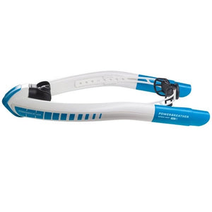 Side view of the Ameo Powerbreather Sport Edition Advanced Snorkel.  Dual white snorkels with blue highlights and speed vents.  Mouth piece and twist lock head clamp are black.