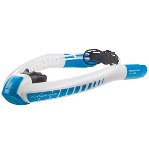 Ameo Powerbreather Sport Display image. There is a snorkel that goes up on each side of the face.  Each snorkel is white with light blue highllights.  There is a black mouthpiece and black twist lock head clamp.