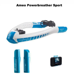 Ameo Powerbreather Sport shown along with the Speed Vent Easy attachments and the case for the black Powerbreather.