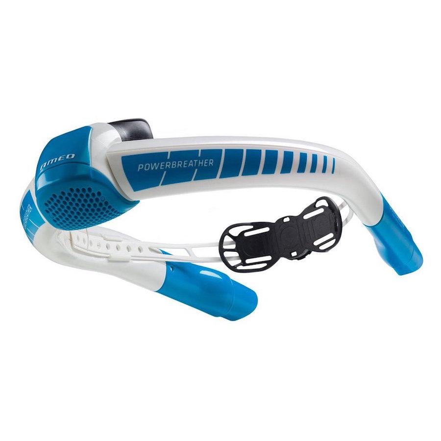 Ameo Powerbreather Wave advanced snorkel.  From the mouth the snorkel goes up each side of a users face, so there are 2 snorkels.  Each is white with light blue highlights, the end vents are light blue as well. The black mouthpiece and black twist lock head clamp are also seen.  Below the Powerbreather Wave are the Speed Vent Easy and Speed Vent Easy Long attachments.