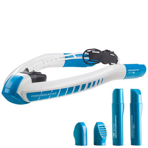 Ameo Powerbreather Wave advanced snorkel.  From the mouth the snorkel goes up each side of a users face, so there are 2 snorkels.  Each is white with light blue highlights, the end vents are light blue as well. The black mouthpiece and black twist lock head clamp are also seen.  Below the Powerbreather Wave are the Speed Vent Easy and Speed Vent Easy Long attachments.