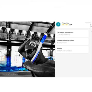 Ameo Powerbreather Wave Review showing a swimmer in the pool ready to use the Powerbreather Wave Advanced Snorkel.  The review reads: Just simply awesome.  Loving my PowerBreather.