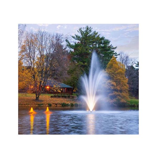 Scott Aerator&#39;s &#39;The Amherst&#39; Pond Fountain in a pond on a fall creating a beautiful 3 layer spray.