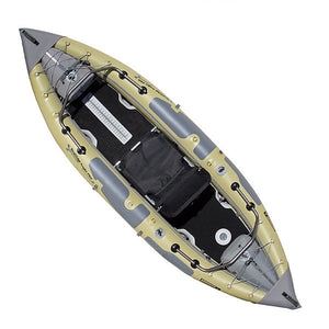 Overhead view of Advanced Elements StraitEdge Angler Pro Solo Inflatable Kayak.  Sage and grey design with black seat and flooring. 