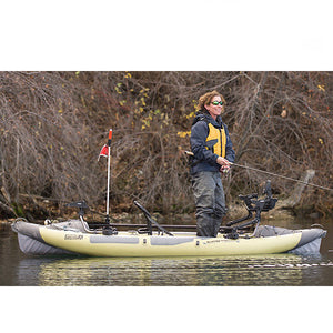 Woman fishing in her Advanced Elements StraitEdge Angler Pro 1 Person Inflatable Kayak on the water.