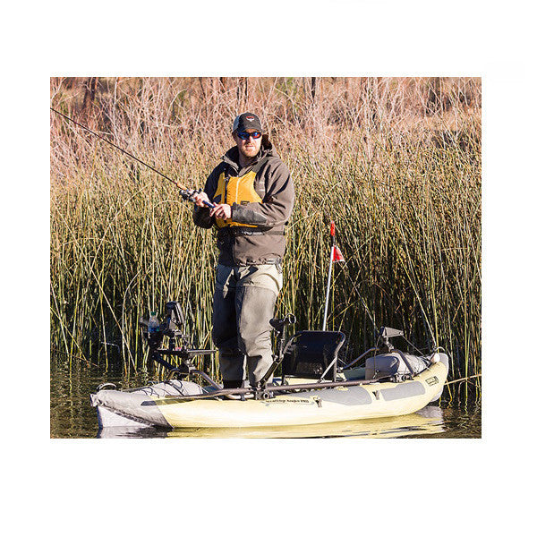 Man fishing in a Sage and Grey Advanced Elements StraitEdge Angler Pro Solo Inflatable Kayak