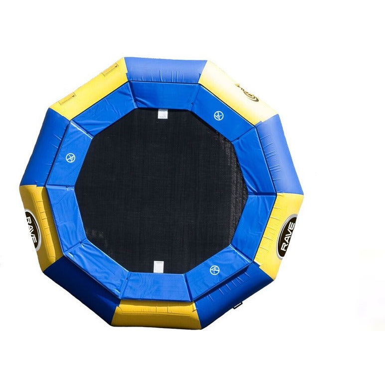 Top view of the Rave Aqua Jump 120 Eclipse Water Trampoline with blue and yellow alternating color design and black water trampoline surface. Water Trampoline is on a white background. 