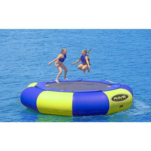 2 kids jumping on the yellow and blue Rave Aqua Jump Eclipse 150 Water Trampoline out on the lake.
