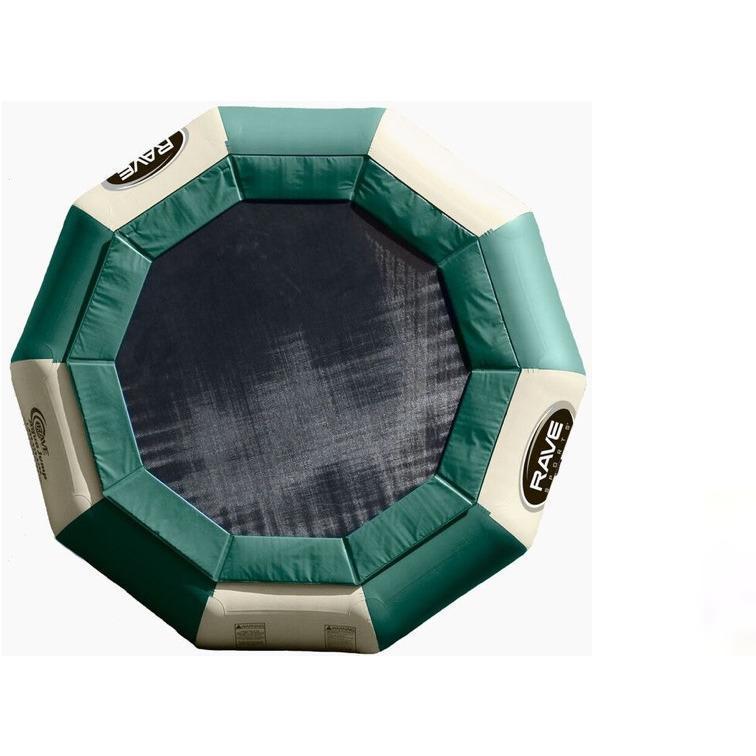 Rave Aqua Jump Eclipse 150 Water Trampoline Northwoods edition. Green and tan design with black jumping surface.