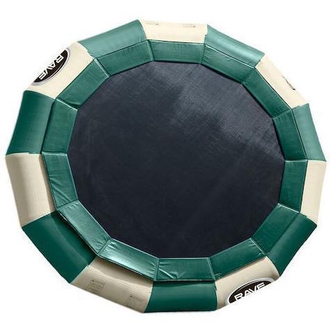 Sky view of Green and Tan Rave Aqua Jump Eclipse 200 Water Trampoline Northwoods design.