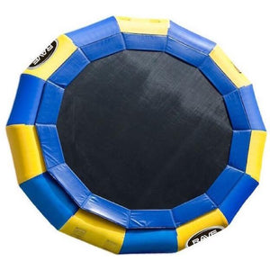 Yellow and Blue Rave Aqua Jump Eclipse 200 Water Trampoline with black jumping surface.  Sky view on a white background.