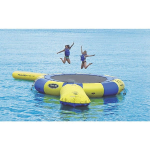 2 kids jumping on the yellow and blue Rave Aqua Jump Eclipse 200 Trampoline Water Park out on a lake. 