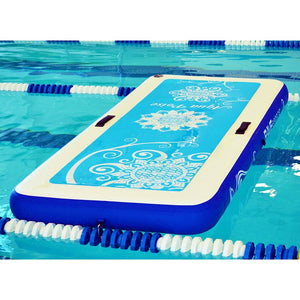 The picture is displaying the Rave Aqua Poise Fitness Mat on a pool lane. It has dark blue sides with a shade of white and sky blue patterns.