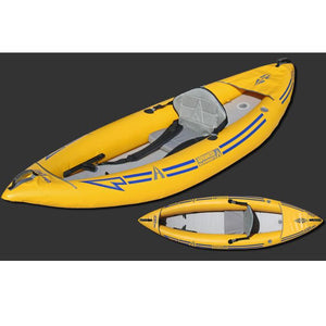 Top view and front display view of the yellow with grey interior of the Advanced Elements Attack Whitewater 1 Person Inflatable Kayak.