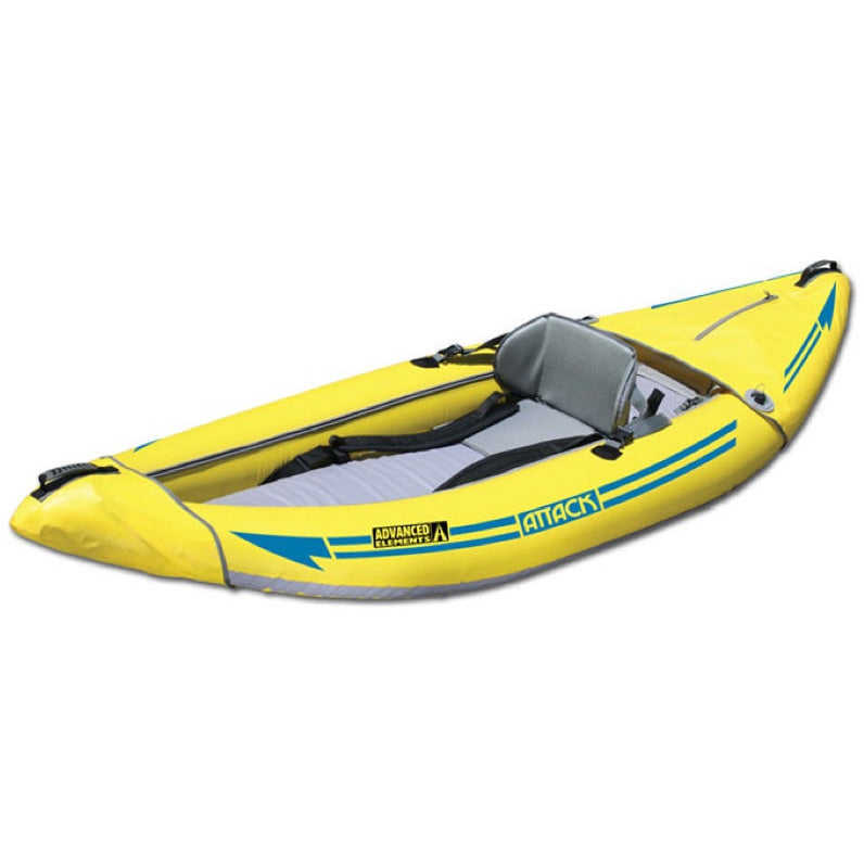 Front/Side display view of the Advanced Elements Attack Whitewater 1 Person Inflatable Kayak.  Yellow outside and grey interior.