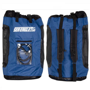 Sea Eagle Blue Backpack closeup. Blue backpack with black trim and Sea Eagle logo.  Clear pouch on the front of the backpack, straps on the back.