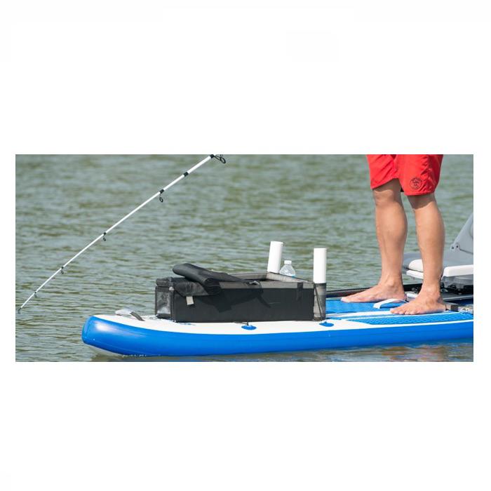 Sea Eagle Multi-Purpose Kayak Storage Box in use on an inflatable SUP out on the lake. 