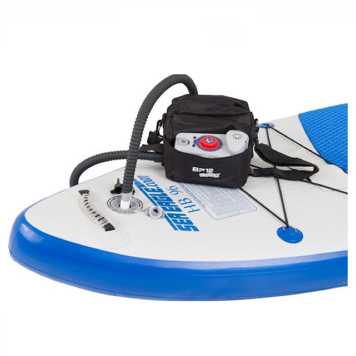 Bravo BP12 Single Stage Electric Pump shown in place on the front of an inflatable SUP.  Shows the easy to use pump connected to the inflatable SUP for easy inflation. 