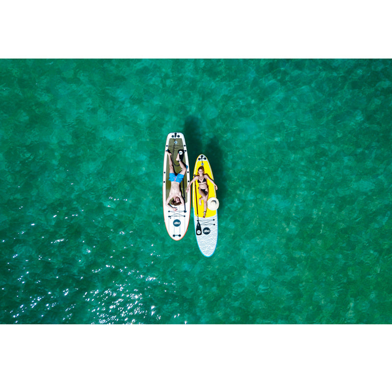 Paddleboards 11&#39;0 Pop Up Inflatable SUP on the water with adults on each board.