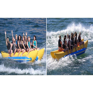 Cross section of the front side view and rear side view of the inflatable Island Hopper 10 Person Banana Boat Tube splashing across the lake full with 10 passengers.