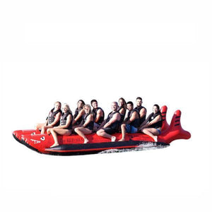 Island Hopper 10 Person Red Shark Banana Boat side view full of 10 passengers, on a white background. 