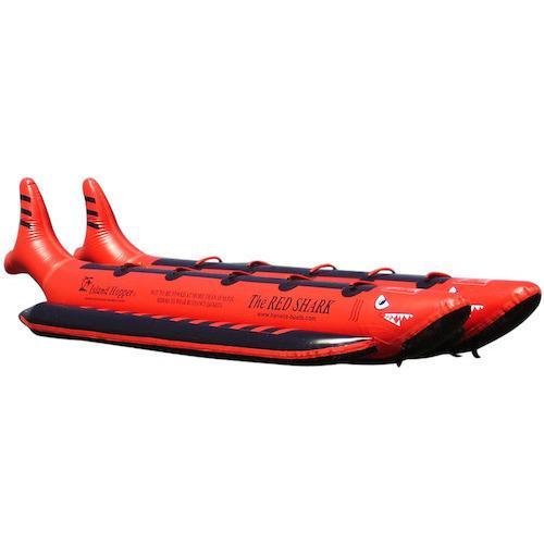 View from the front, right of the Island Hopper 10 Man Red Shark Banana Boat on a white background. 