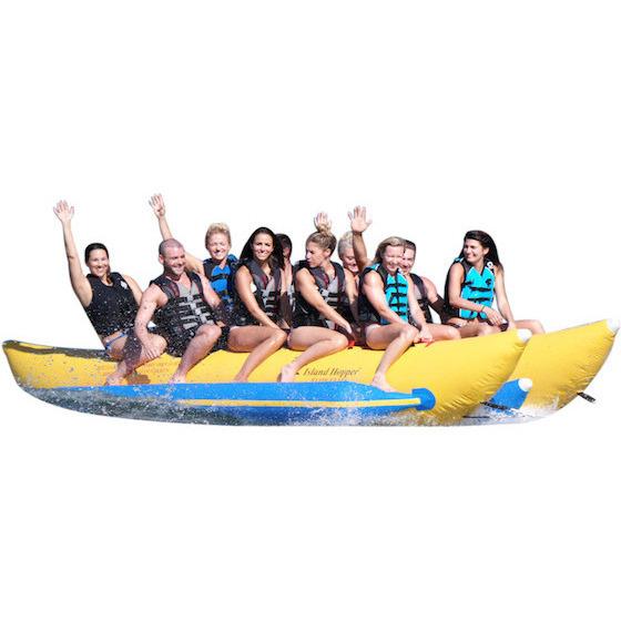 Yellow Island Hopper 10 Person Banana Boat Tube with light blue trim.  10 people riding the inflatable banana boat on a white background.