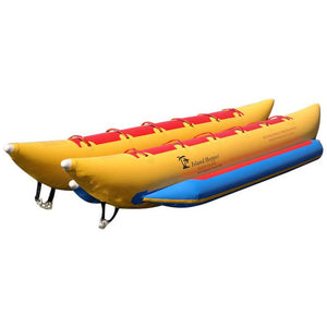 Island Hopper 10 Person Banana Boat Tube, Yellow with blue foot rest and red seats.  Display view of the top and side of the 10 person inflatable banana boat on a white background. 