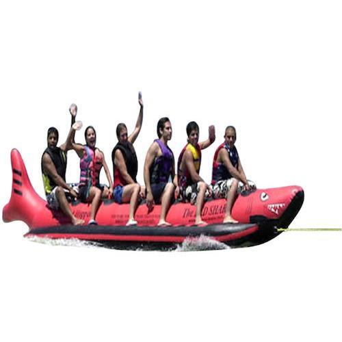 Island Hopper 6 Person Red Shark Banana Boat Towable Tube with 6 guys riding it.  Cutout image on a white background. 