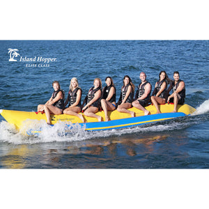 Yellow Island Hopper 8 Person Towable Banana Boat Tube side view of the left side of an 8 man inflatable banana boat tube on the lake. 
