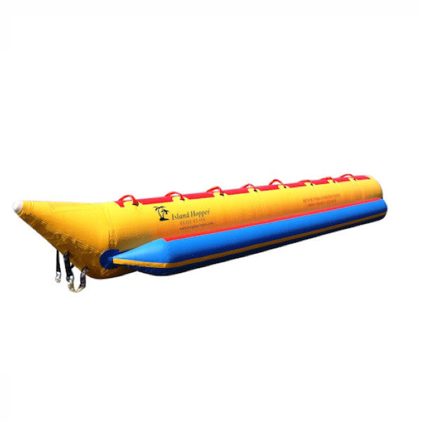 View from the front/side of the yellow Island Hopper 8 Person Banana Boat Tube with blue trim, image on a white background. 
