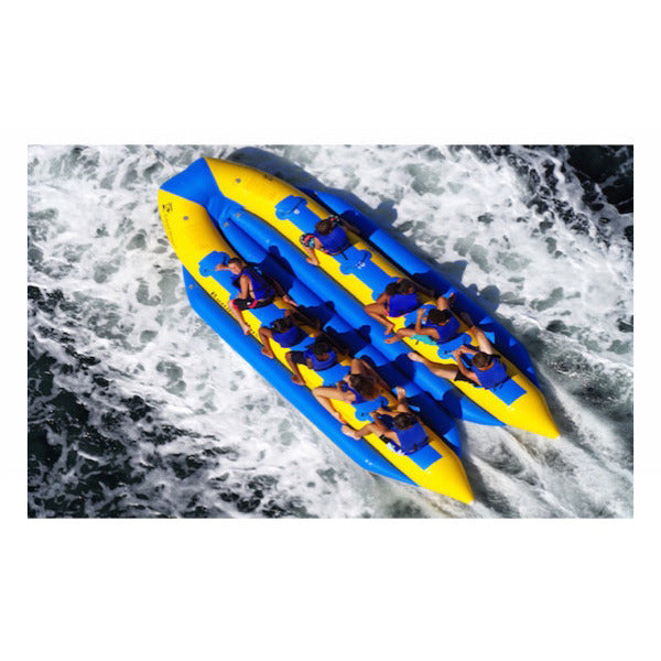 Sky view of the Island Hopper 14 Person Towable Banana Bus being towed across the lake. 