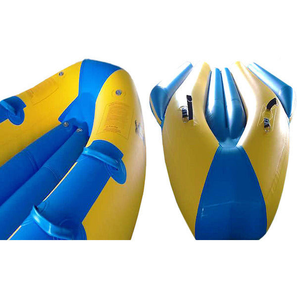 Close up of the top side and bottom side of the nose of the inflated Island Hopper 12 Person Towable Banana Boat Taxi