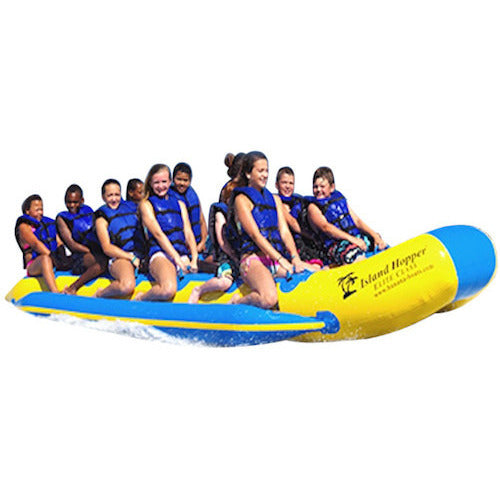 Island Hopper 12 Person Towable Banana Boat Taxi front right close up view of the yellow and blue 12 man banana boat in action on a white background. 