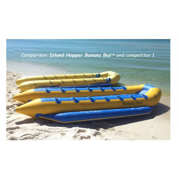 Comparison of quality of the Island Hopper 14 Person Towable Banana Bus versus the quality of the competitors. 2 14 man banana boats sitting side by side on the beach.  Yellow and blue.