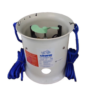 The Bearon Aquatics PowerHouse Ice Eater P1000 is shown from a front top view so that you can see the light green propeller inside of the white shroud. The actual Ice Eater motor is not visible, but the brackets are. There are 2 blue suspension ropes hanging from each side of the ice eater for sale. There is a red label on the front of the white shroud next to the label. The Bearon Aquatics Ice Eater P1000 is the largest dock deicer on the market.