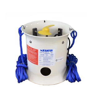 PowerHouse Ice Eater P500 display image on a white background. The view is from the front of the Ice Eater for Sale and shows the white shroud with red caution sticker and PowerHouse Ice Eater label. There are 2 blue suspension ropes wound up on each side of the ice eater for sale. The Power House Ice Eater P500 has a yellow propeller visible on the top of the ice eater dock deicer.